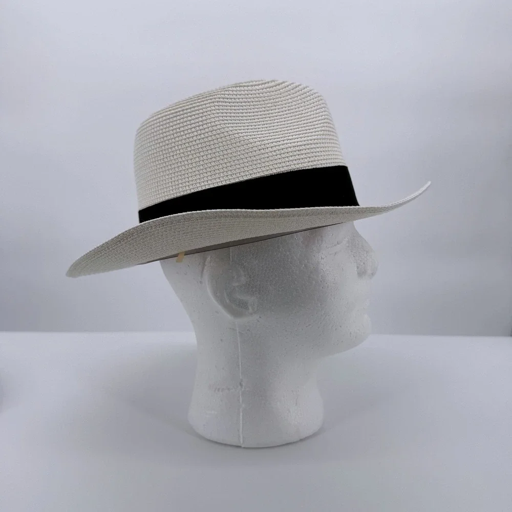Timeless Basics Fedora Hat Women One Size White Straw Sun Hat Black Ribbon Band